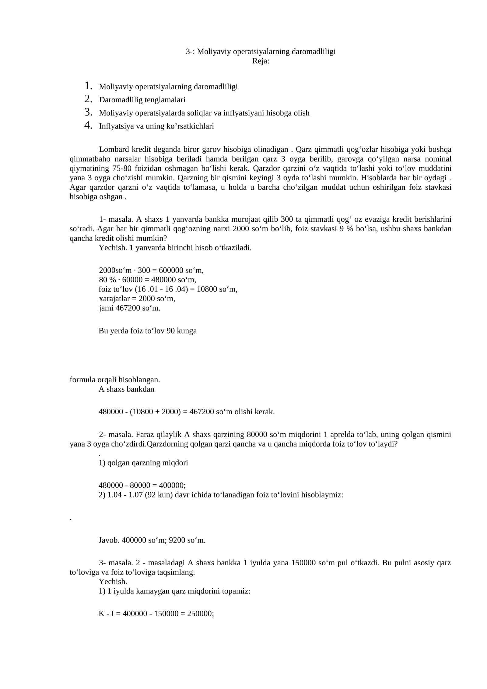 Moliyaviy operatsiyalarning daromadliligi