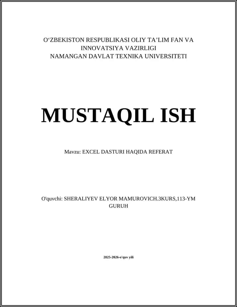 EXCEL DASTURI HAQIDA REFERAT