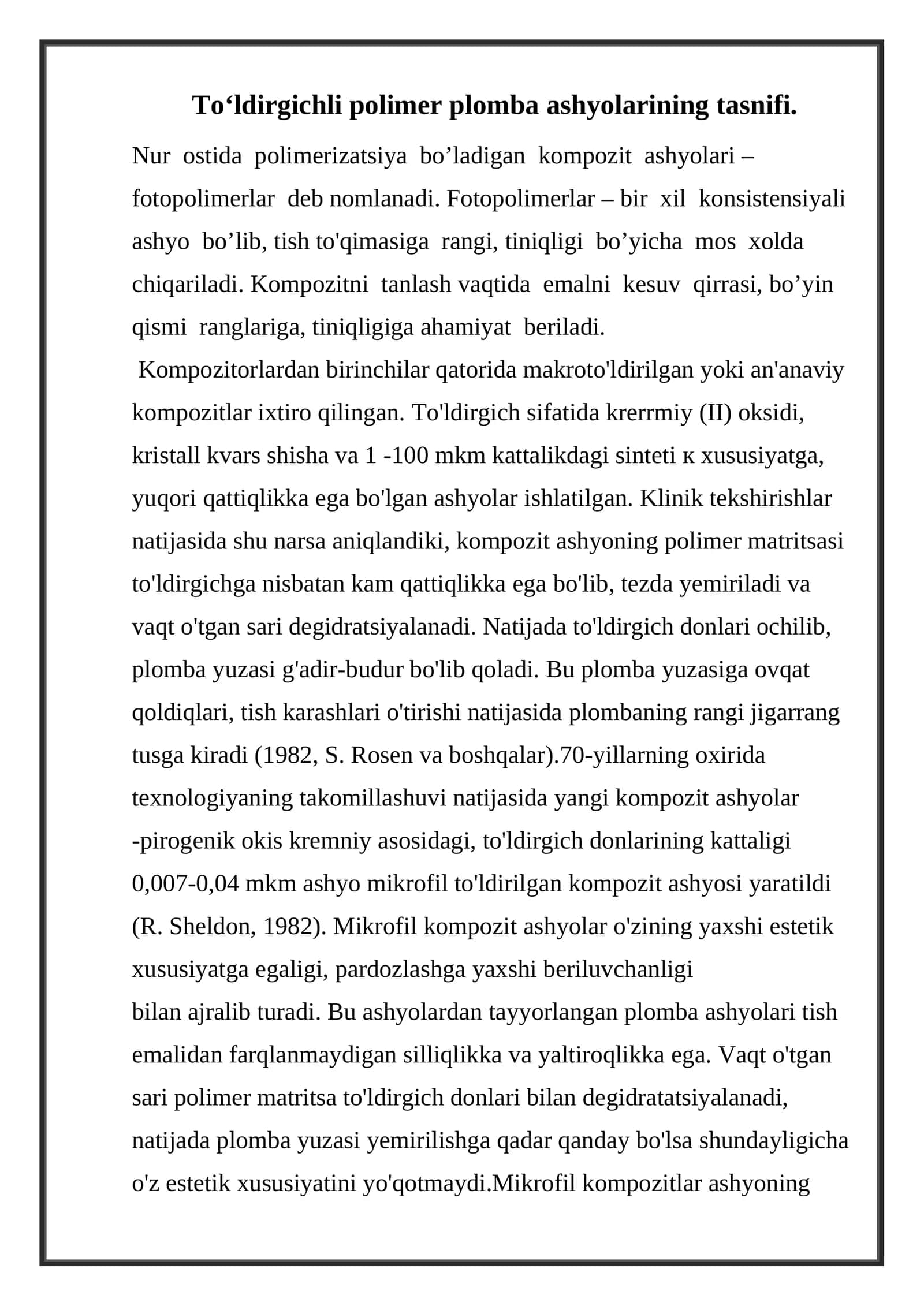 To‘ldirgichli polimer plomba ashyolarining tasnifi