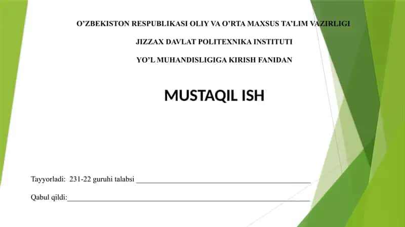 YO’L MUHANDISLIGIGA KIRISH FANIDAN 2