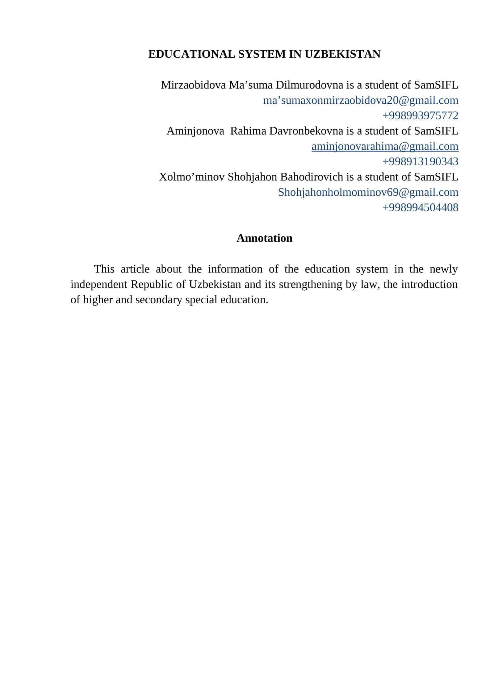EDUCATIONAL SYSTEM IN UZBEKISTAN