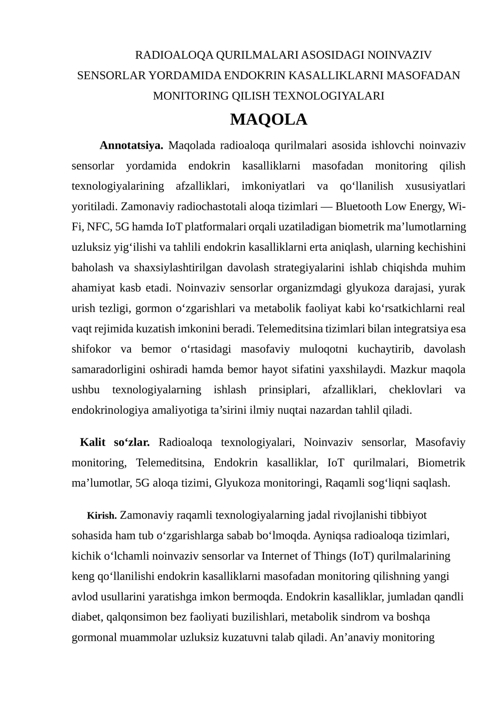 RADIOALOQA QURILMALARI ASOSIDAGI NOINVAZIV SENSORLAR YORDAMIDA ENDOKRIN KASALLIKLARNI MASOFADAN MONITORING QILISH TEXNOLOGIYALARI