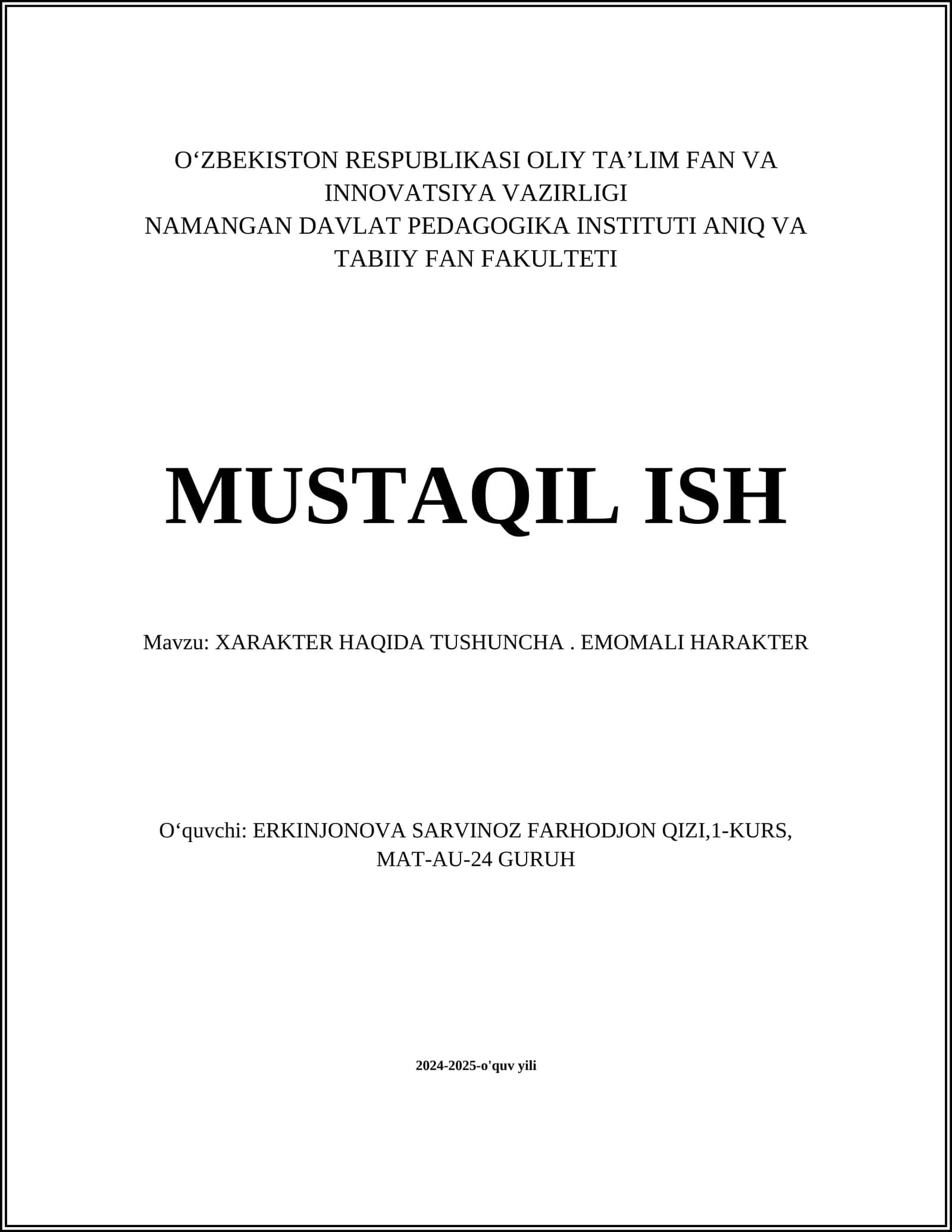 XARAKTER HAQIDA TUSHUNCHA. EMOMALI HARAKTER