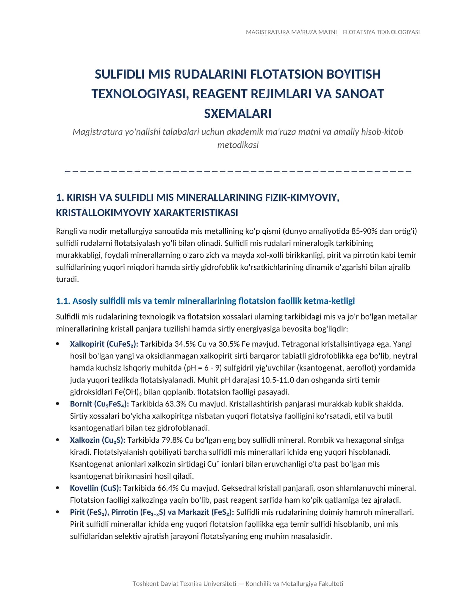 MAGISTRATURA MA'RUZA MATNI | FLOTATSIYA TEXNOLOGIYASI