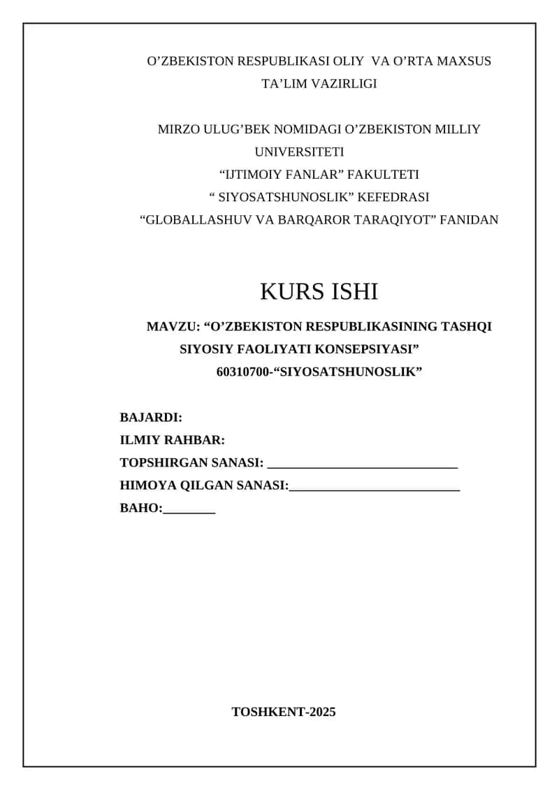 O’ZBEKISTON RESPUBLIKASINING TASHQI SIYOSIY FAOLIYATI KONSEPSIYASI
