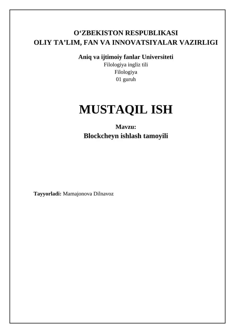 Mavzu: Blockcheyn ishlash tamoyili