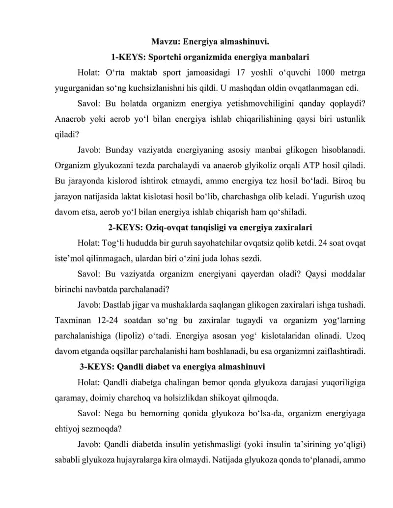 Sportchi organizmida energiya manbalari