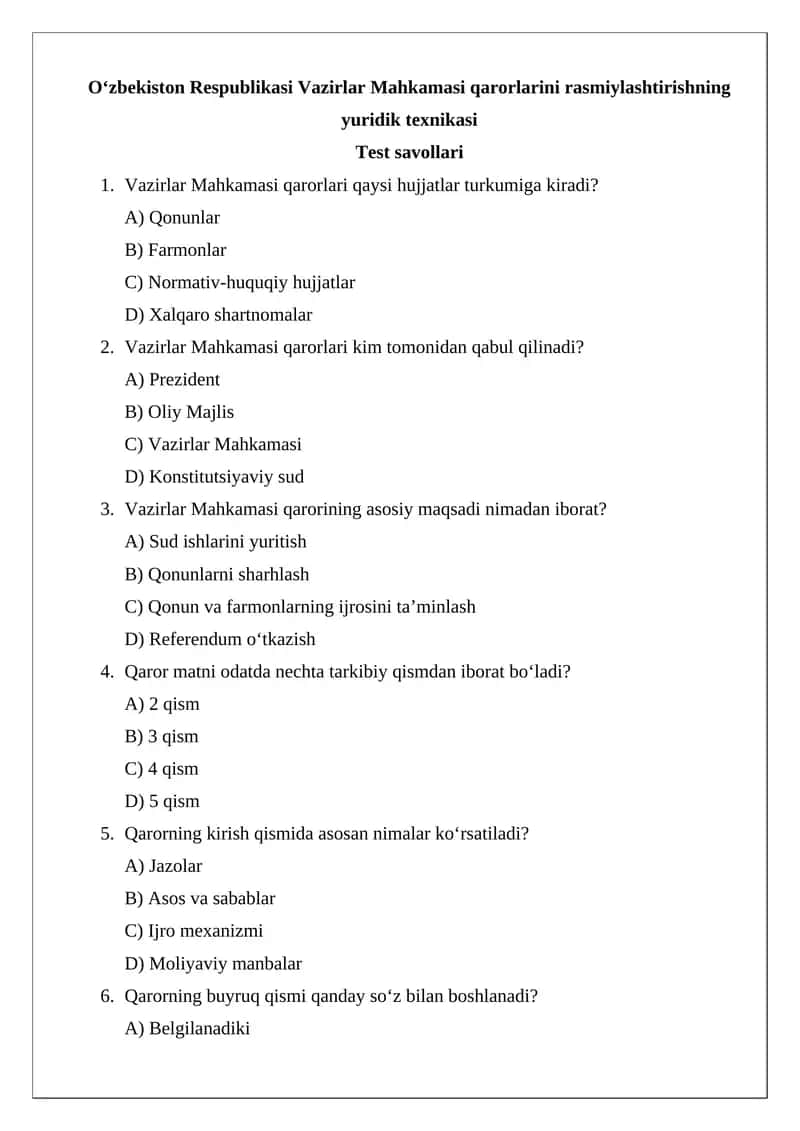 O‘zbekiston Respublikasi Vazirlar Mahkamasi qarorlarini rasmiylashtirishning yuridik texnikasi