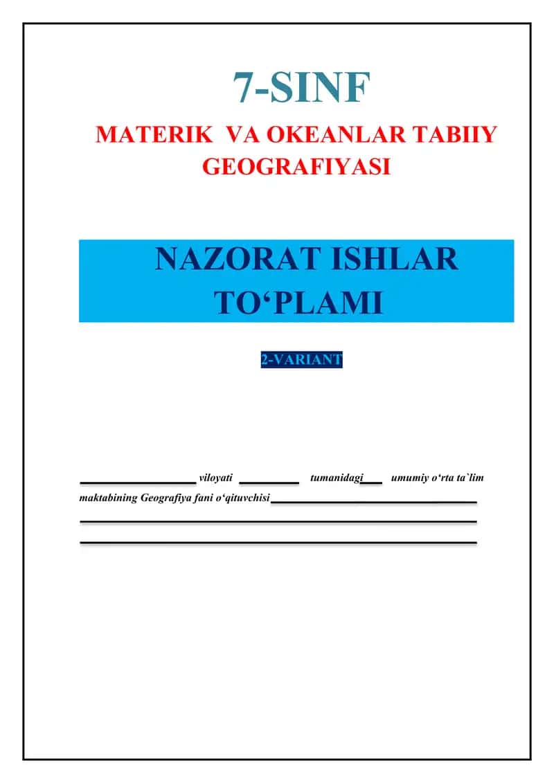 7-sinf. Nazorat ishi to`plami. 2-variant. Test.