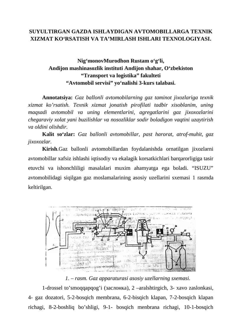 SUYULTIRGAN GAZDA ISHLAYDIGAN AVTOMOBILLARGA TEXNIK XIZMAT KO‘RSATISH VA TA’MIRLASH ISHLARI TEXNOLOGIYASI.