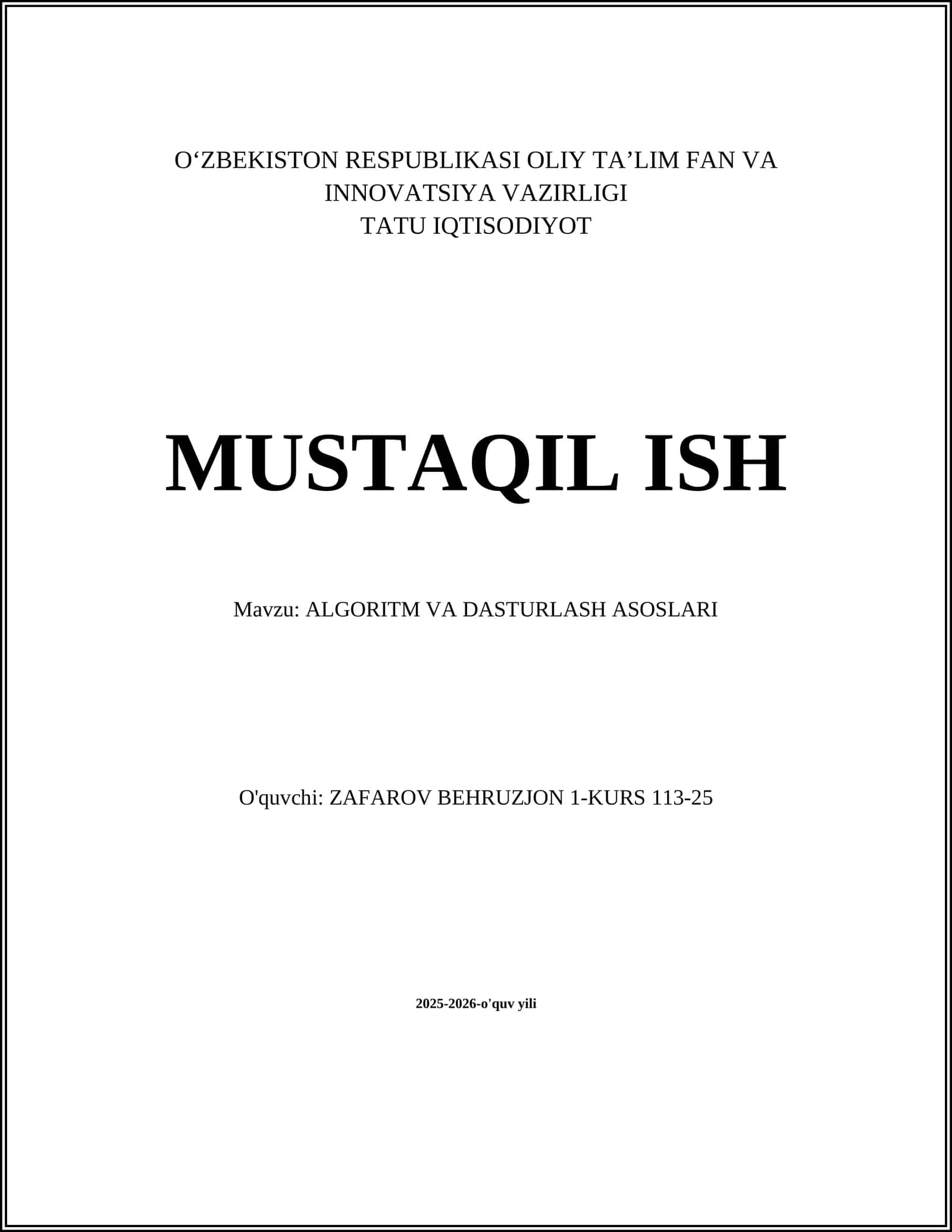 ALGORITM VA DASTURLASH ASOSLARI