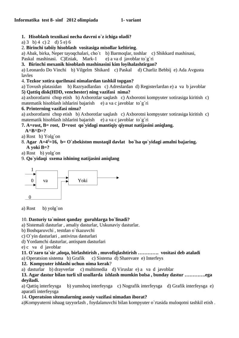 Informatika test 8- sinf 2012 olimpiada 1- variant