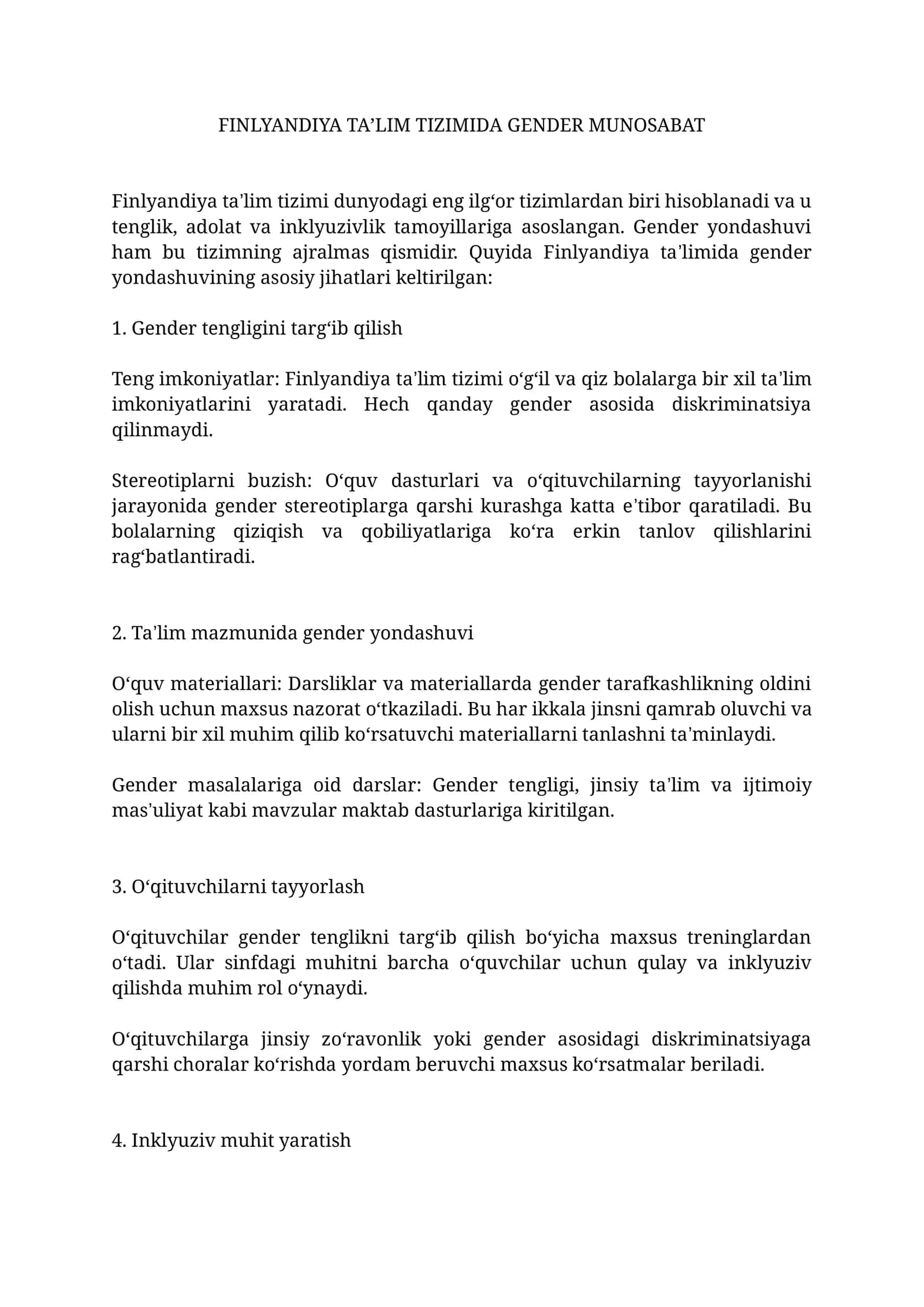 FINLYANDIYA TAʼLIM TIZIMIDA GENDER MUNOSABAT