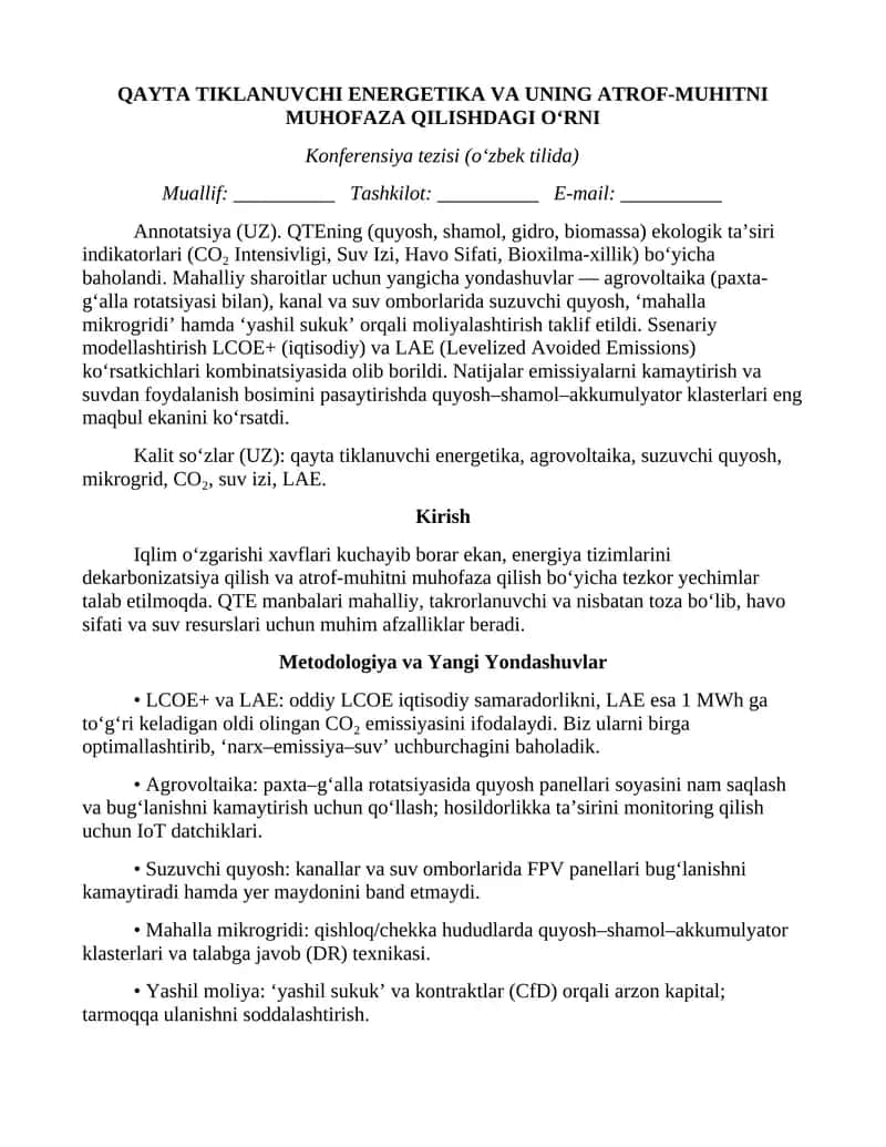 QAYTA TIKLANUVCHI ENERGETIKA VA UNING ATROF-MUHITNI MUHOFAZA QILISHDAGI O‘RNI