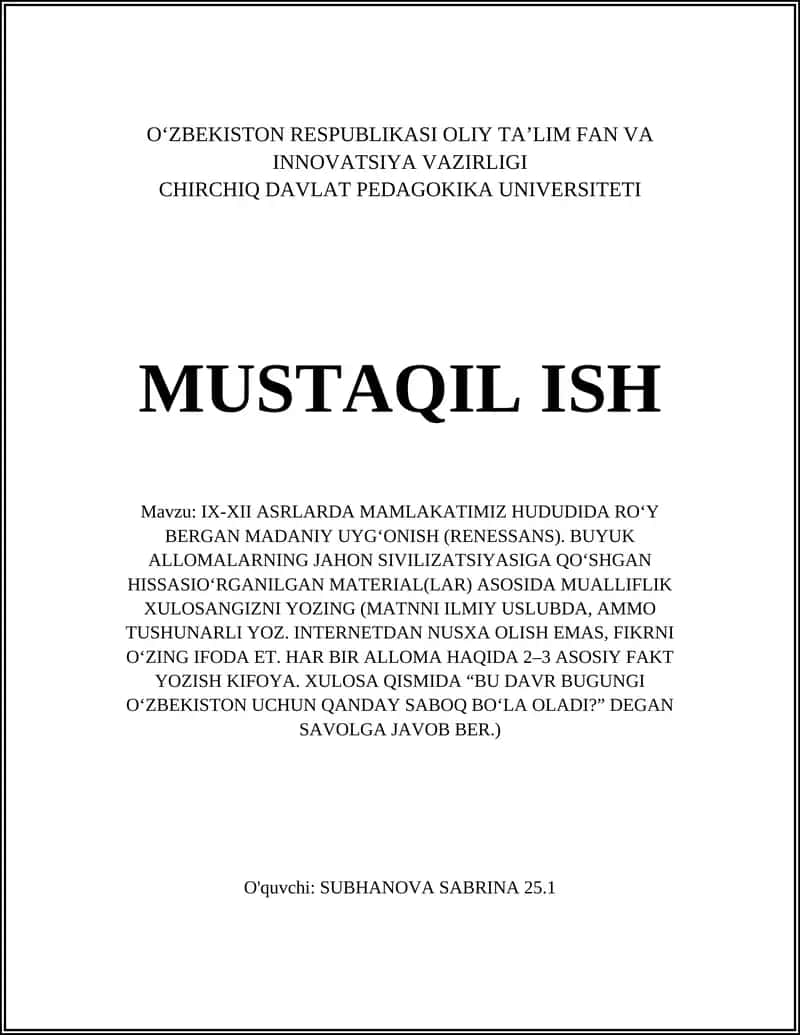 IX-XII ASRLARDA MAMLAKATIMIZ HUDUDIDA RO‘Y BERGAN MADANIY UYG‘ONISH (RENESSANS)