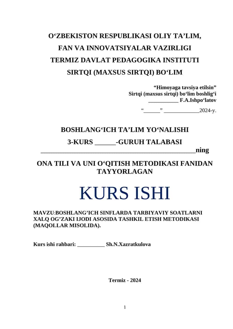 BOSHLANG’ICH SINFLARDA TARBIYAVIY SOATLARNI XALQ OG’ZAKI IJODI ASOSIDA TASHKIL ETISH METODIKASI (MAQOLLAR MISOLIDA)