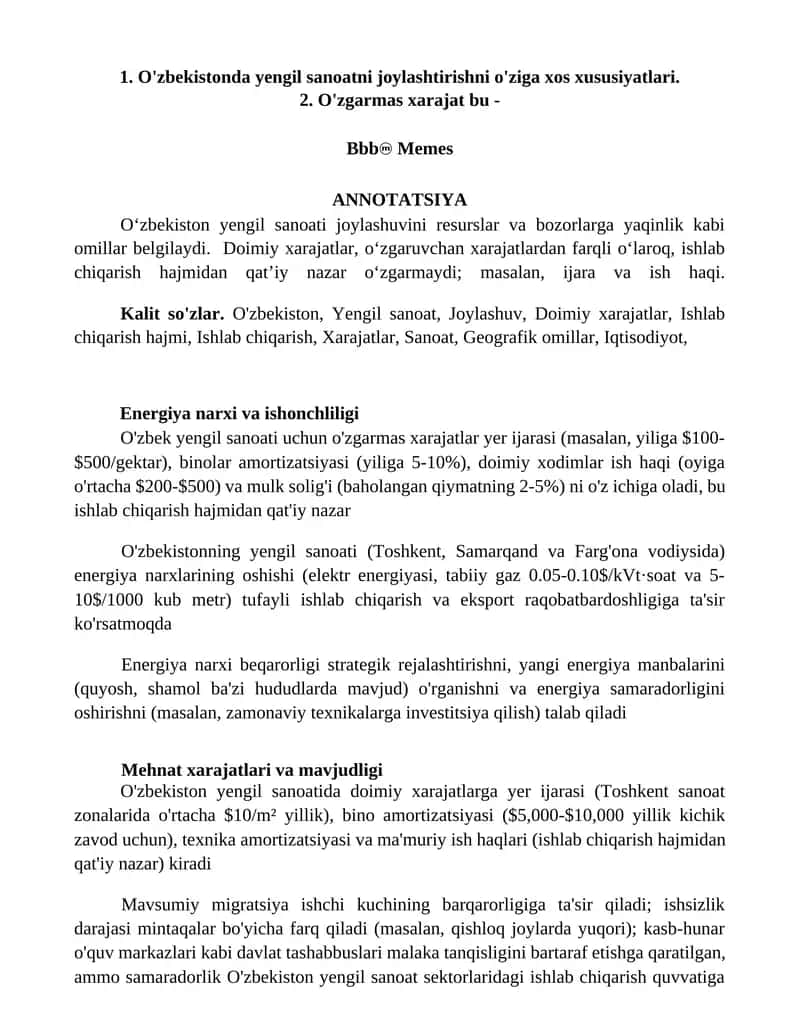 O'zbekistonda yengil sanoatni joylashtirishni o'ziga xos xususiyatlari