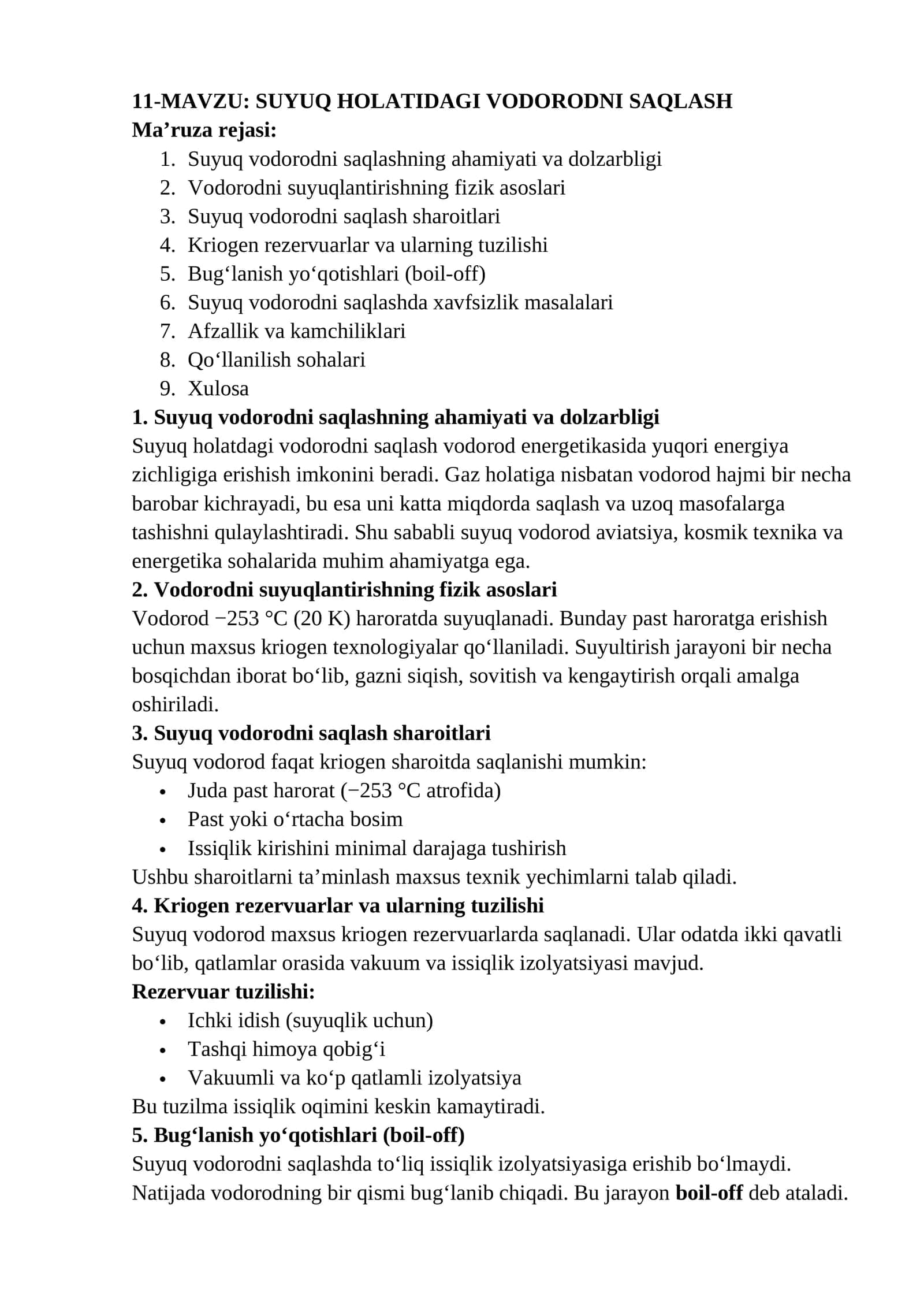 SUYUQ HOLATIDAGI VODORODNI SAQLASH