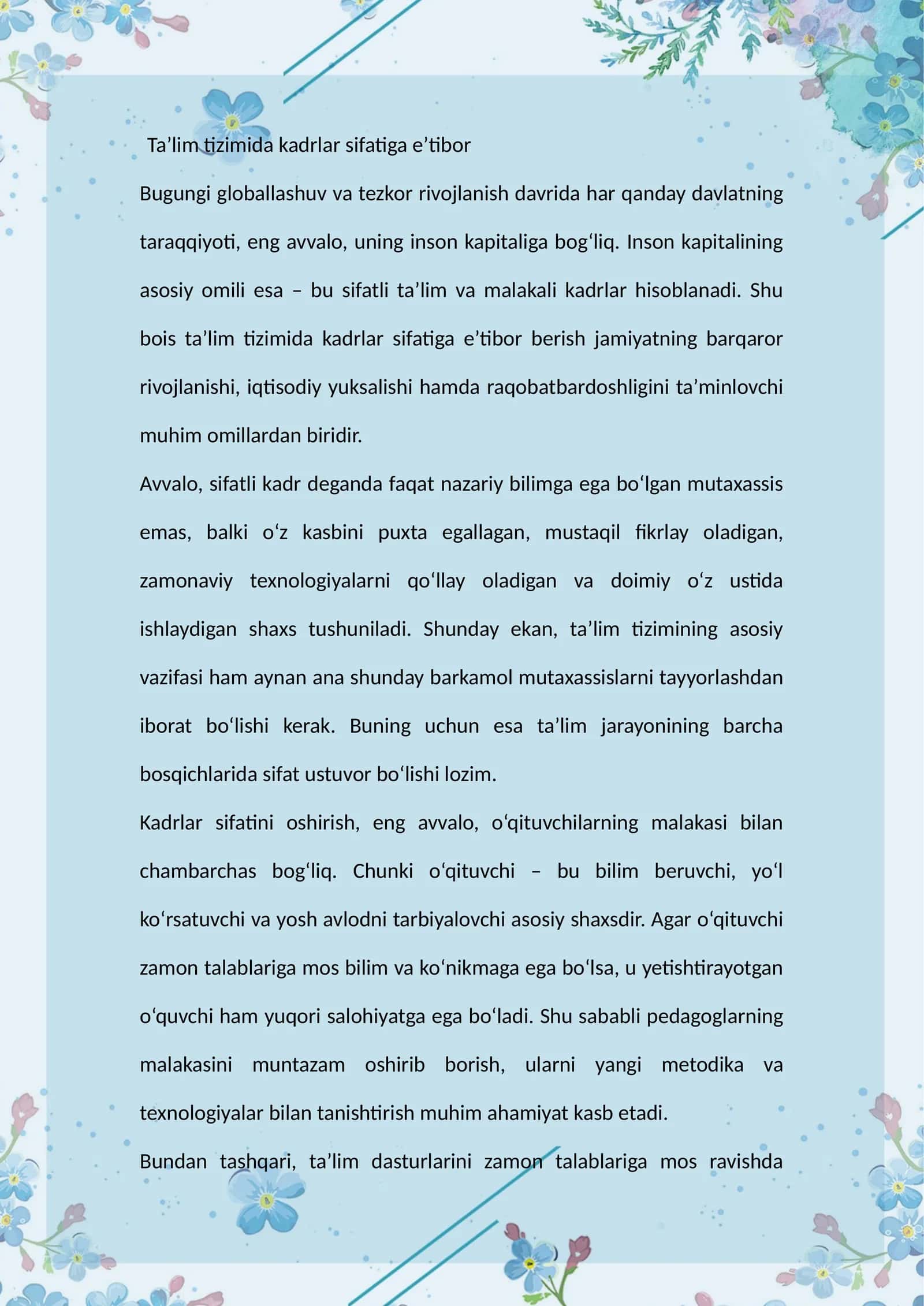 Ta’lim tizimida kadrlar sifatiga e’tibor