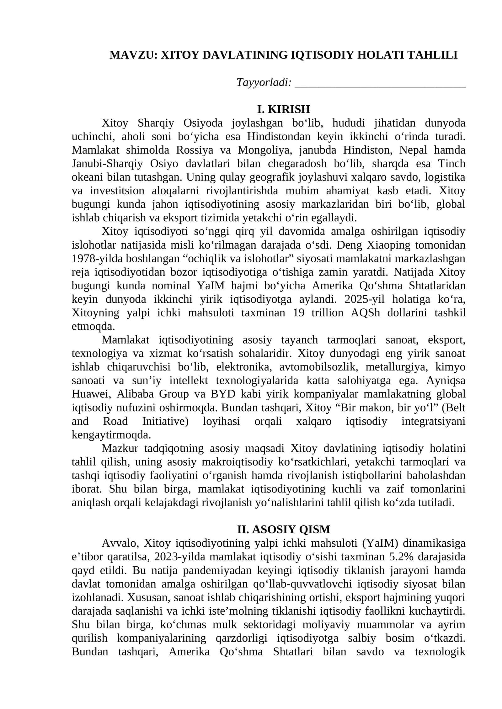 XITOY DAVLATINING IQTISODIY HOLATI TAHLILI Tezis