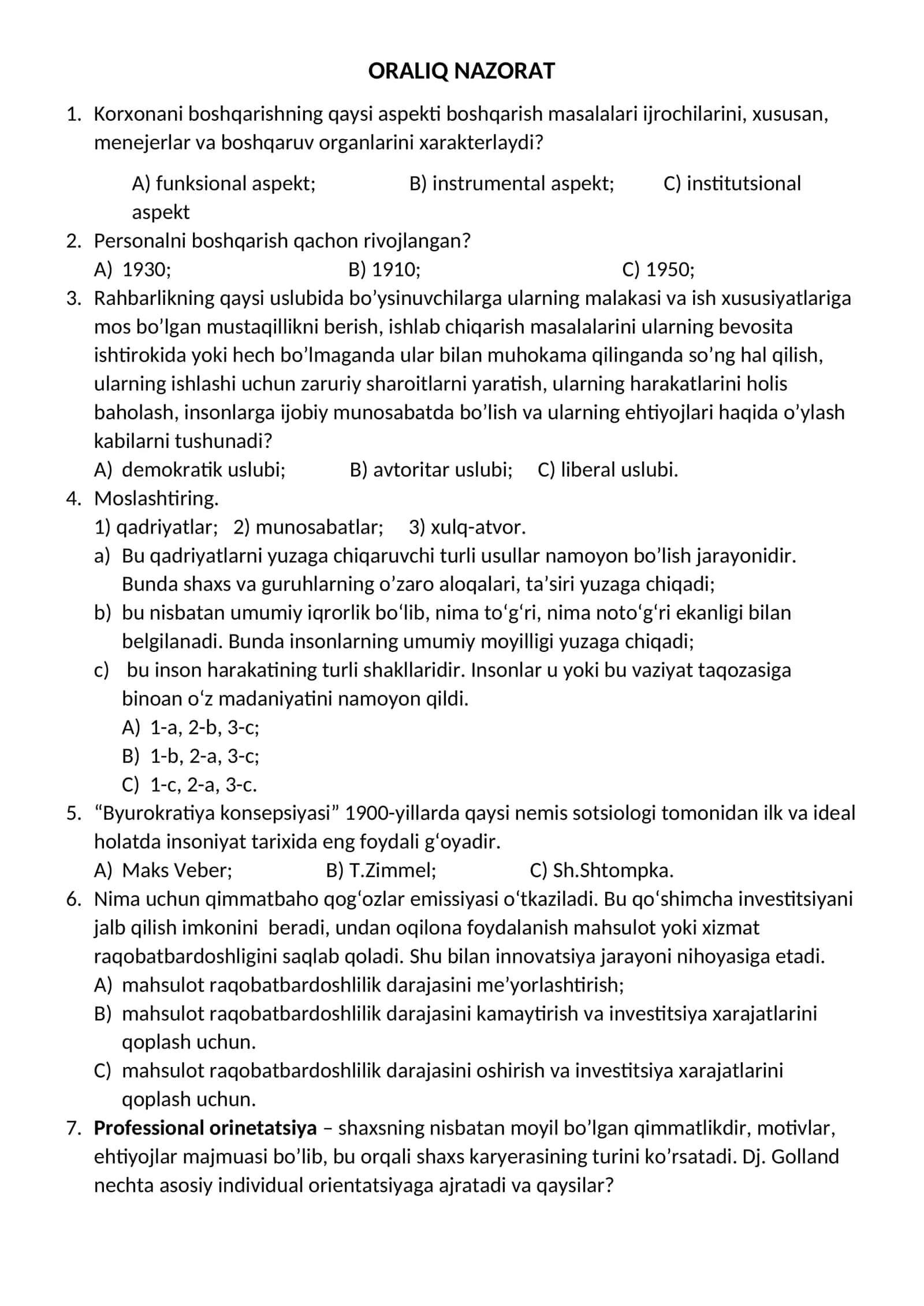 ORALIQ NAZORAT