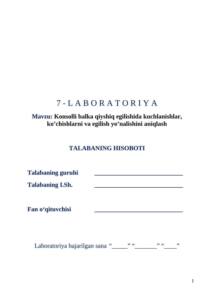 Konsolli balka qiyshiq egilishida kuchlanishlar, ko’chishlarni va egilish yo’nalishini aniqlash