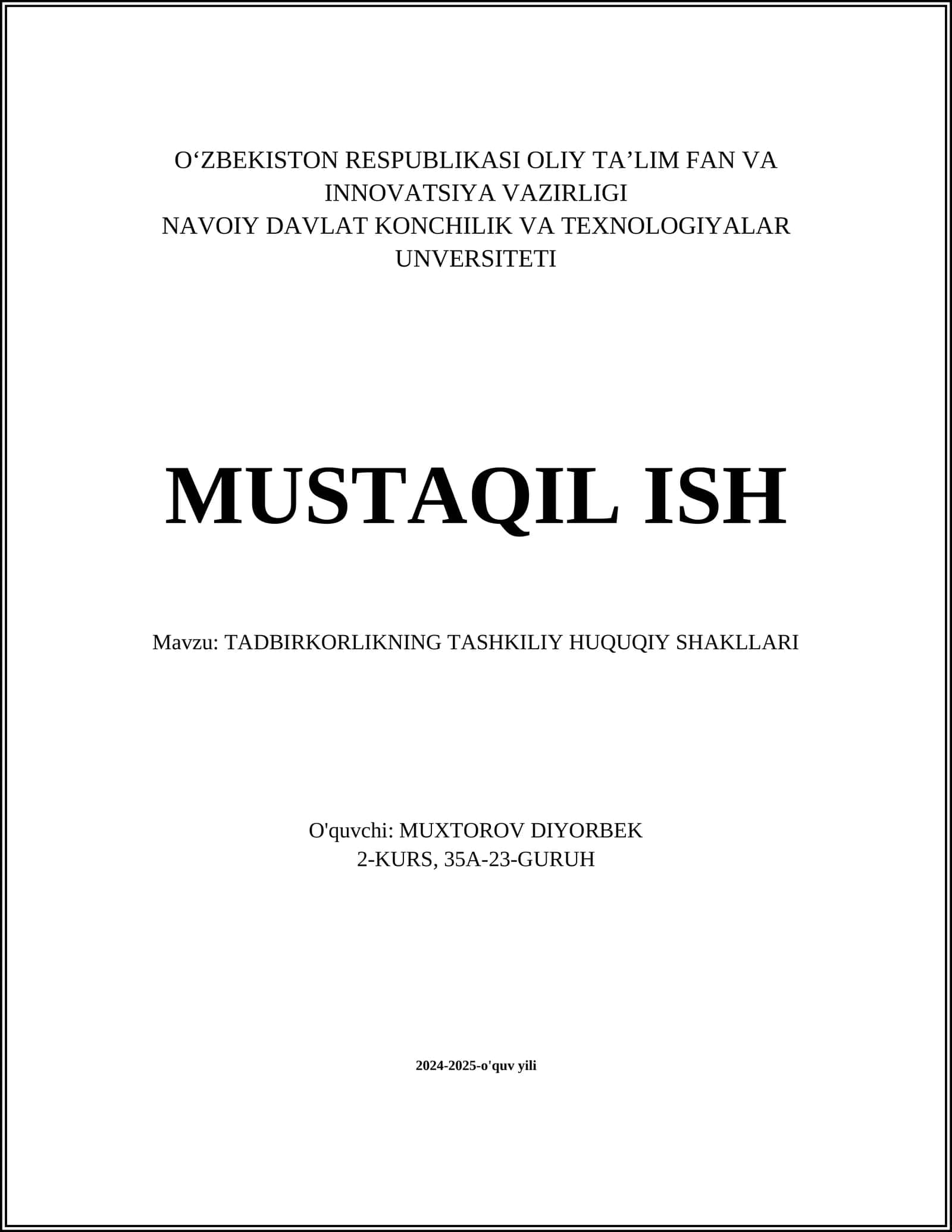 TADBIRKORLIKNING TASHKILIY HUQUQIY SHAKLLARI