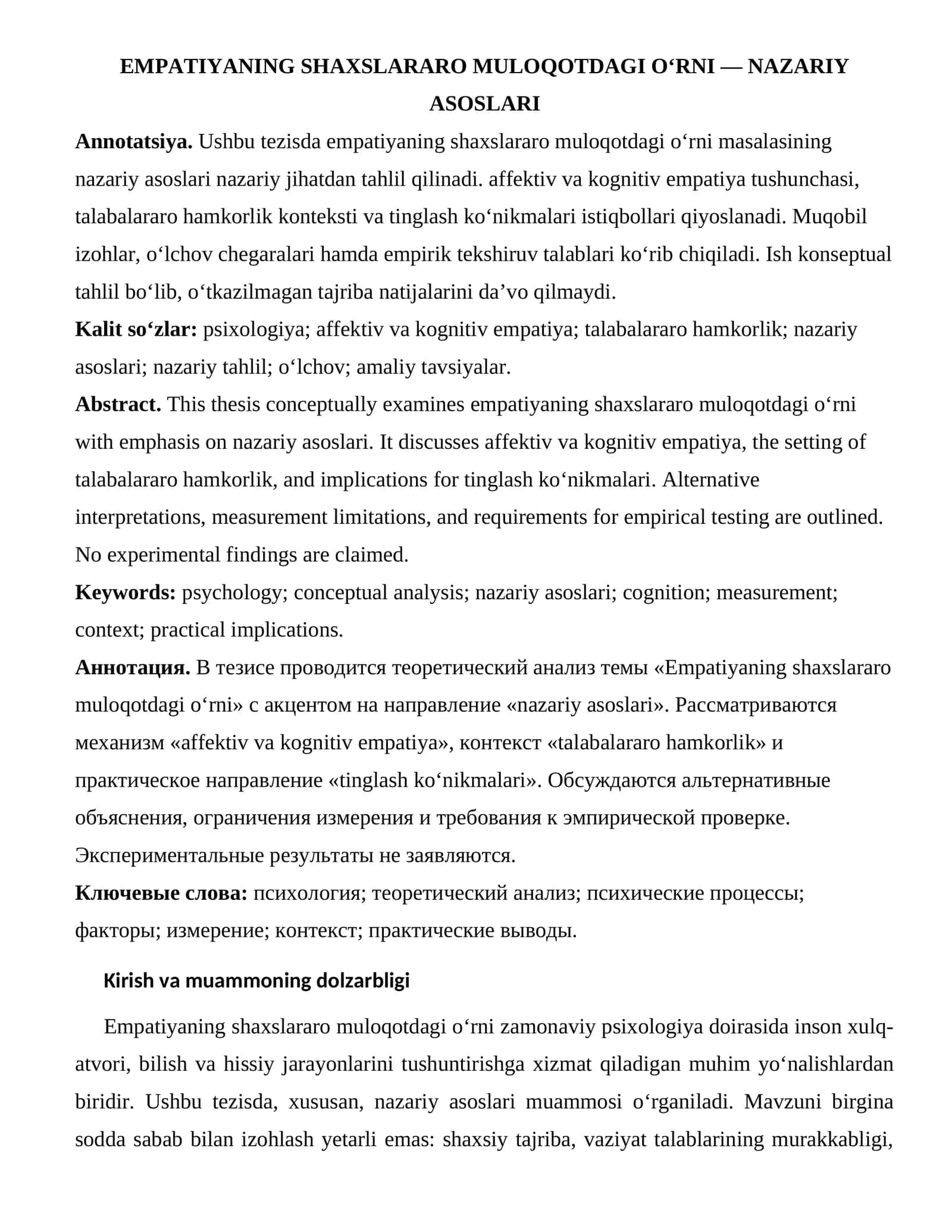 EMPATIYANING SHAXSLARARO MULOQOTDAGI O‘RNI — NAZARIY ASOSLARI