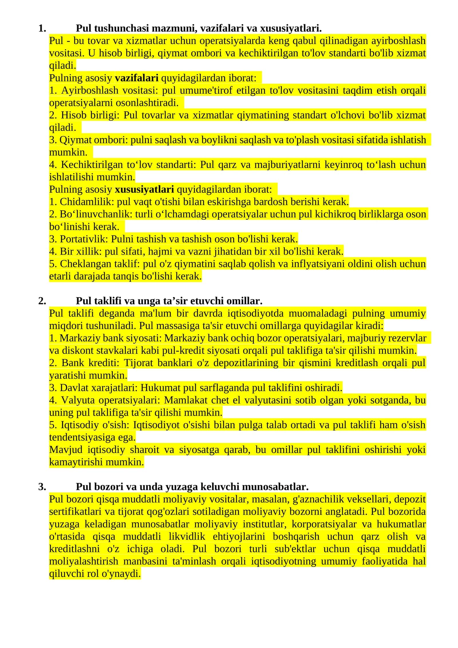 Pul tushunchasi mazmuni, vazifalari va xususiyatlari