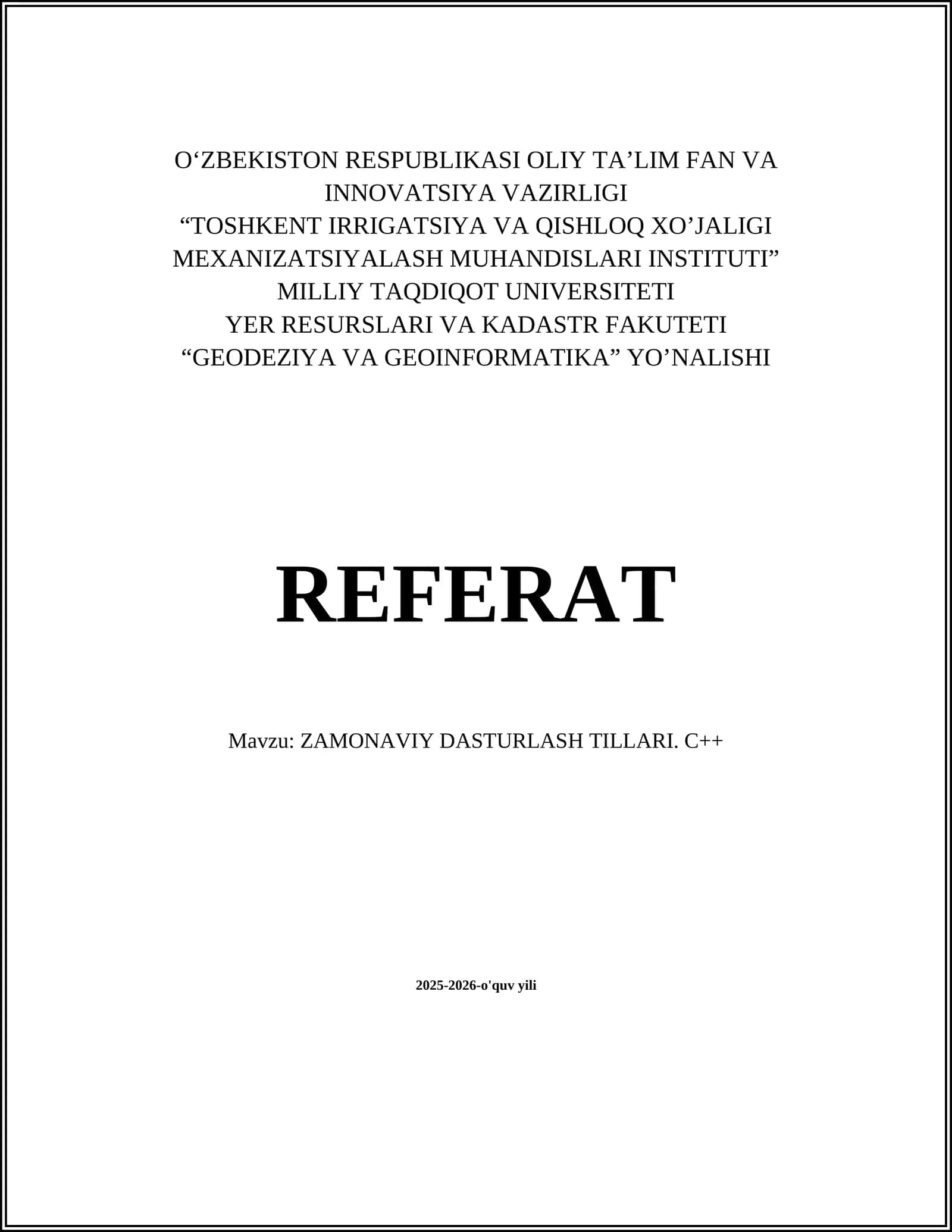 ZAMONAVIY DASTURLASH TILLARI. C++
