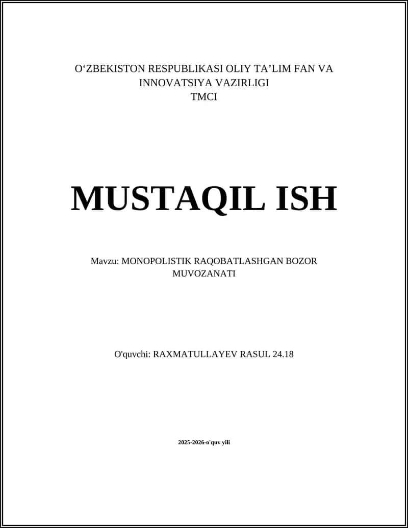 MONOPOLISTIK RAQOBATLASHGAN BOZOR MUVOZANATI