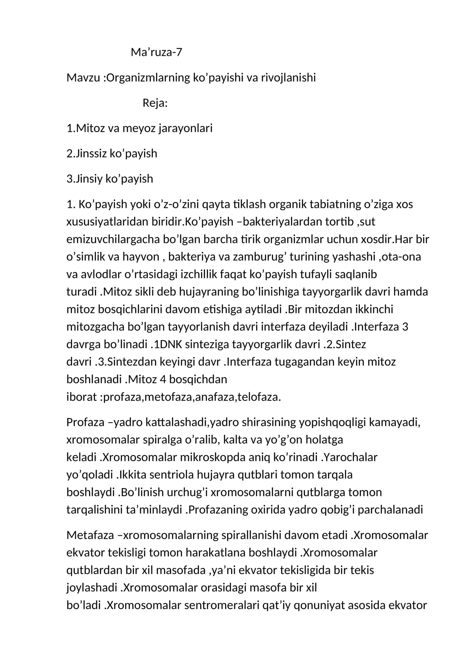 Organizmlarning ko’payishi va rivojlanishi