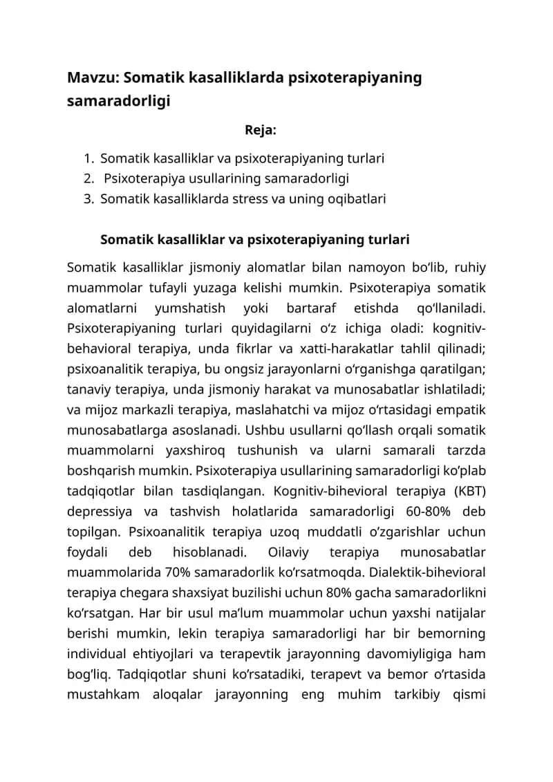Somatik kasalliklarda psixoterapiyaning samaradorligi