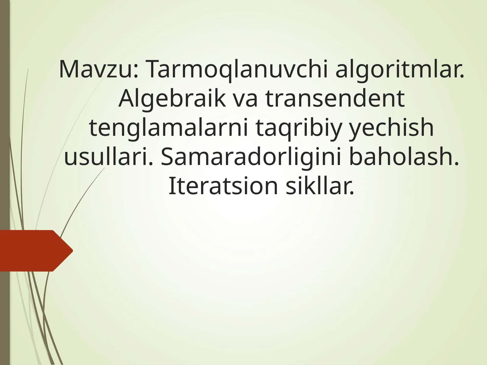 Tarmoqlanuvchi algoritmlar. Algebraik va transendent tenglamalarni taqribiyyechish usullari