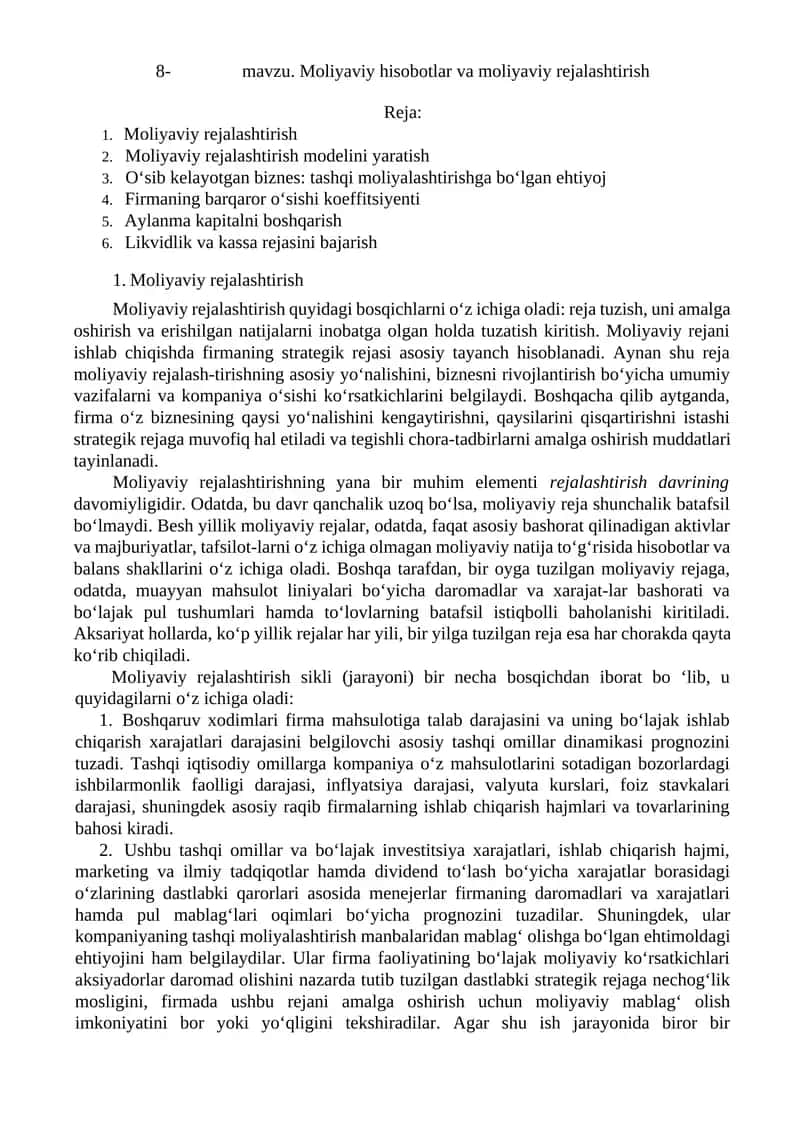 Moliyaviy hisobotlar va moliyaviy rejalashtirish