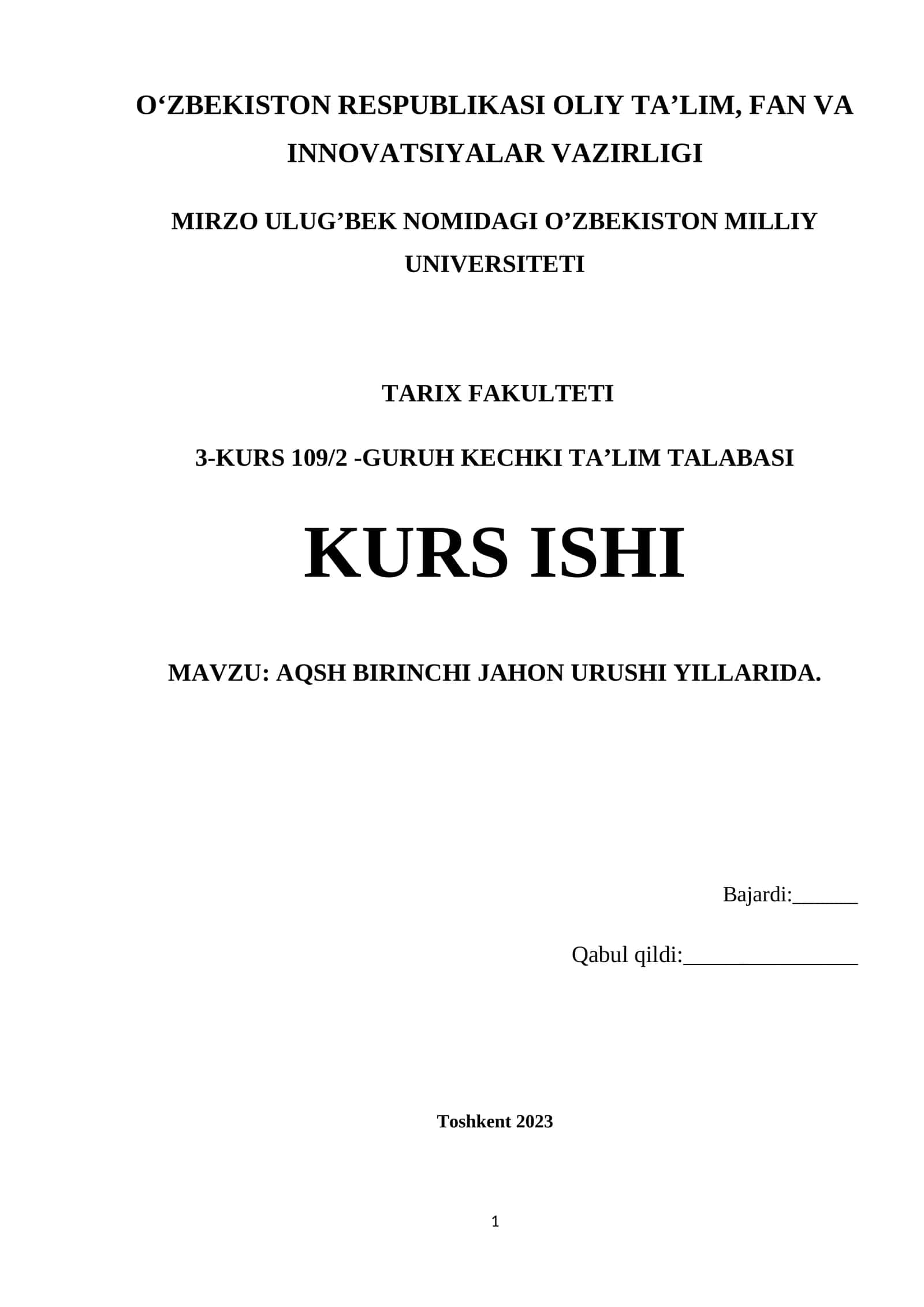 AQSH BIRINCHI JAHON URUSHI YILLARIDA