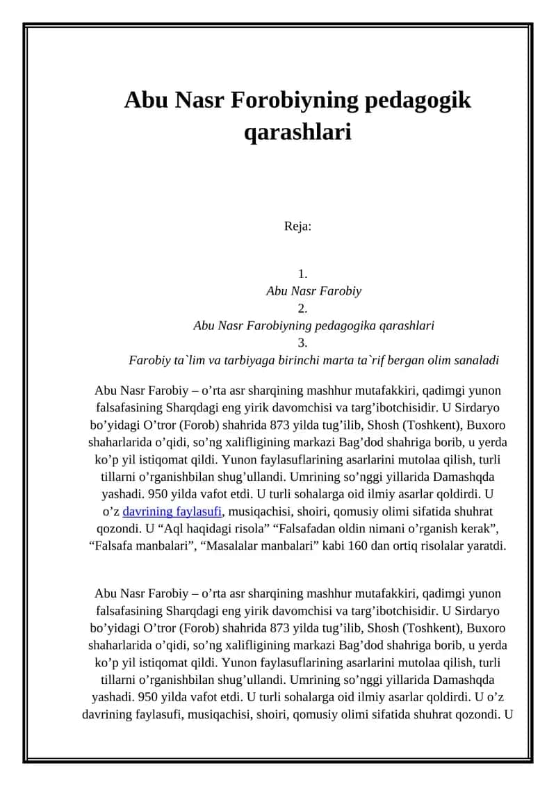 Abu Nasr Forobiyning pedagogik qarashlari