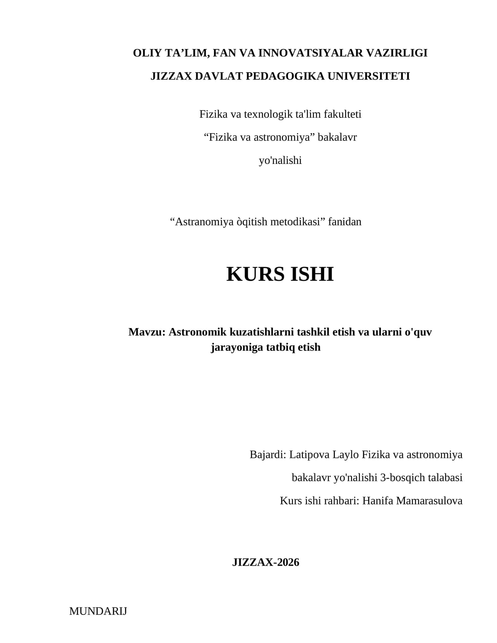 Astronomik kuzatishlarni tashkil etish va ularni o'quv jarayoniga tatbiq etish