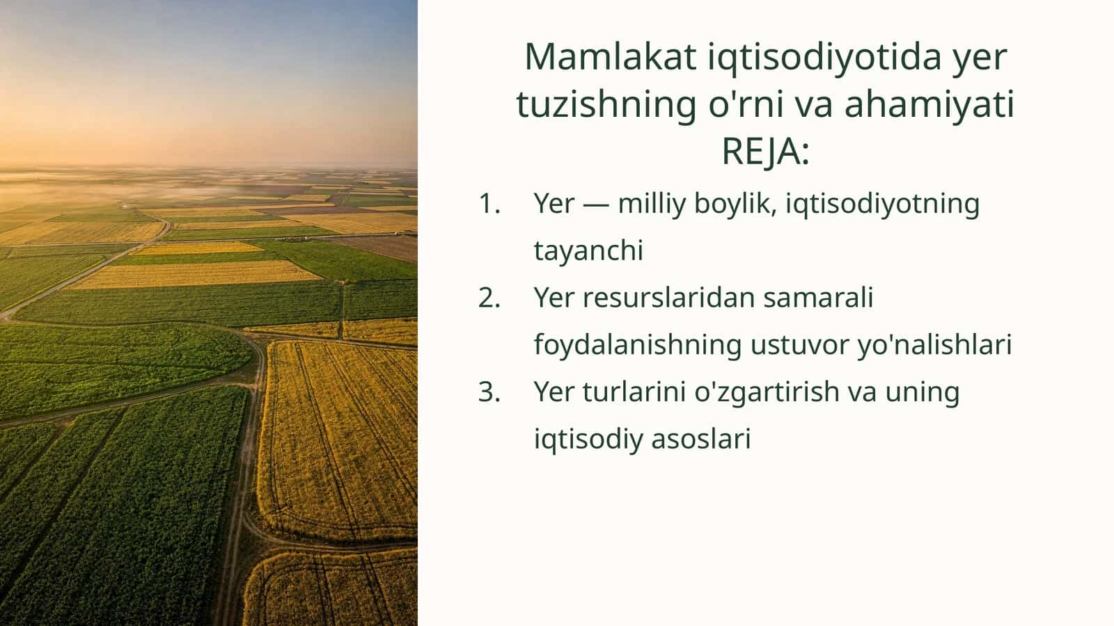 Mamlakat iqtisodiyotida yer tuzishning o'rnivaahamiyati