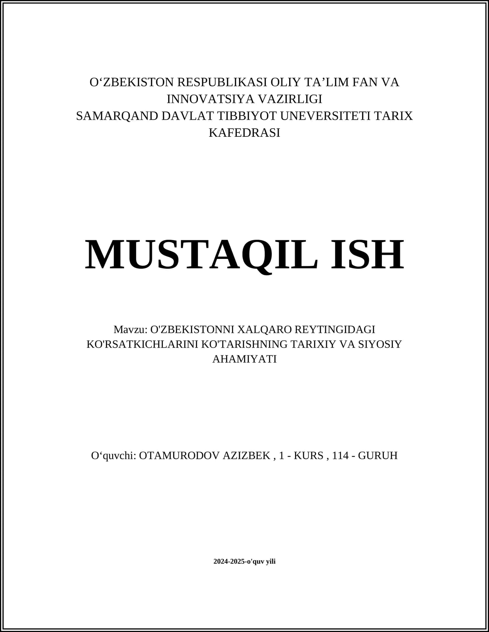 O'ZBEKISTONNI XALQARO REYTINGIDAGI KO'RSATKICHLARINI KO'TARISHNING TARIXIY VA SIYOSIY AHAMIYATI