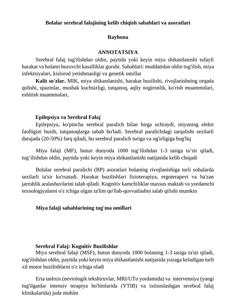 Bolalar serebral falajining kelib chiqish sabablari va asoratlari