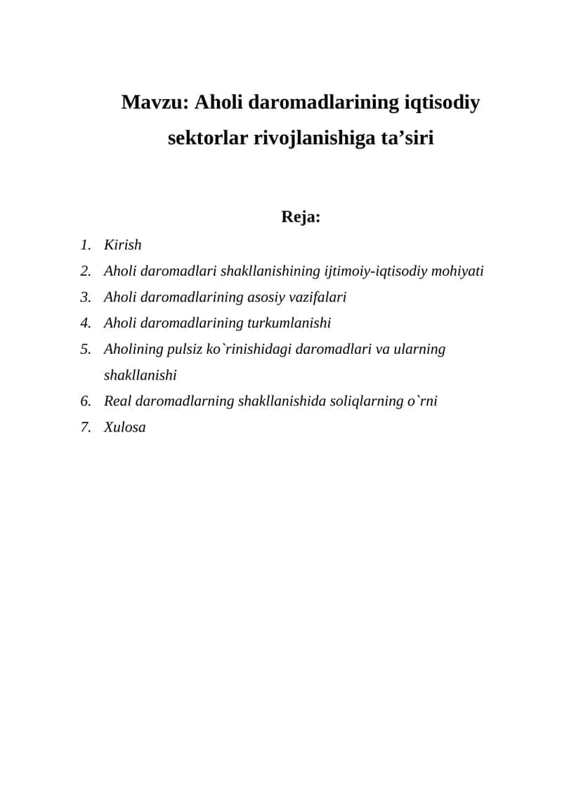 Aholi daromadlarining iqtisodiy sektorlar rivojlanishiga ta'siri