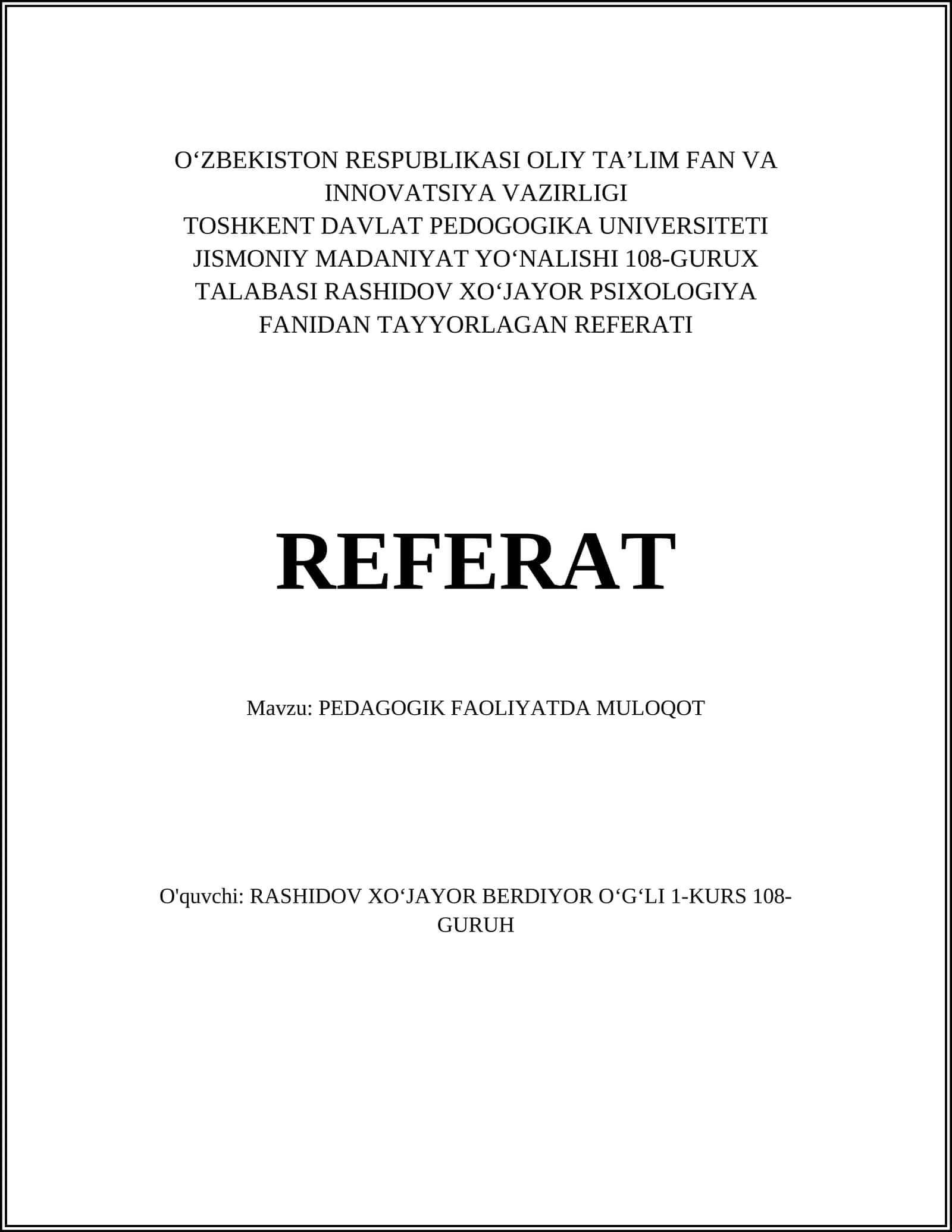 PEDAGOGIK FAOLIYATDA MULOQOT