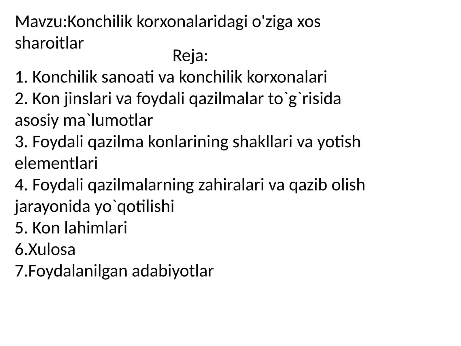 Konchilik korxonalaridagi o'ziga xos sharoitlar