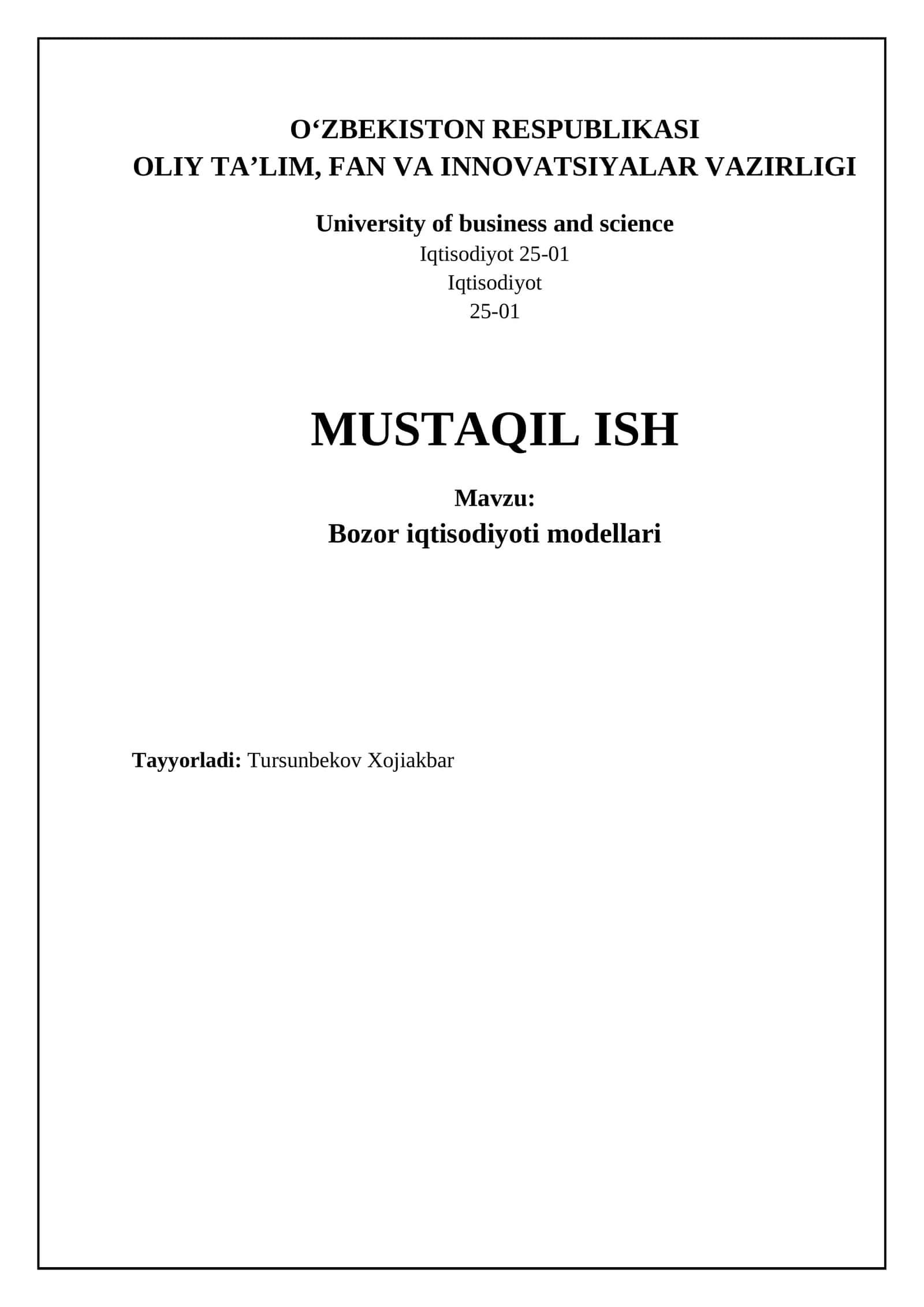Bozor iqtisodiyoti modellari
