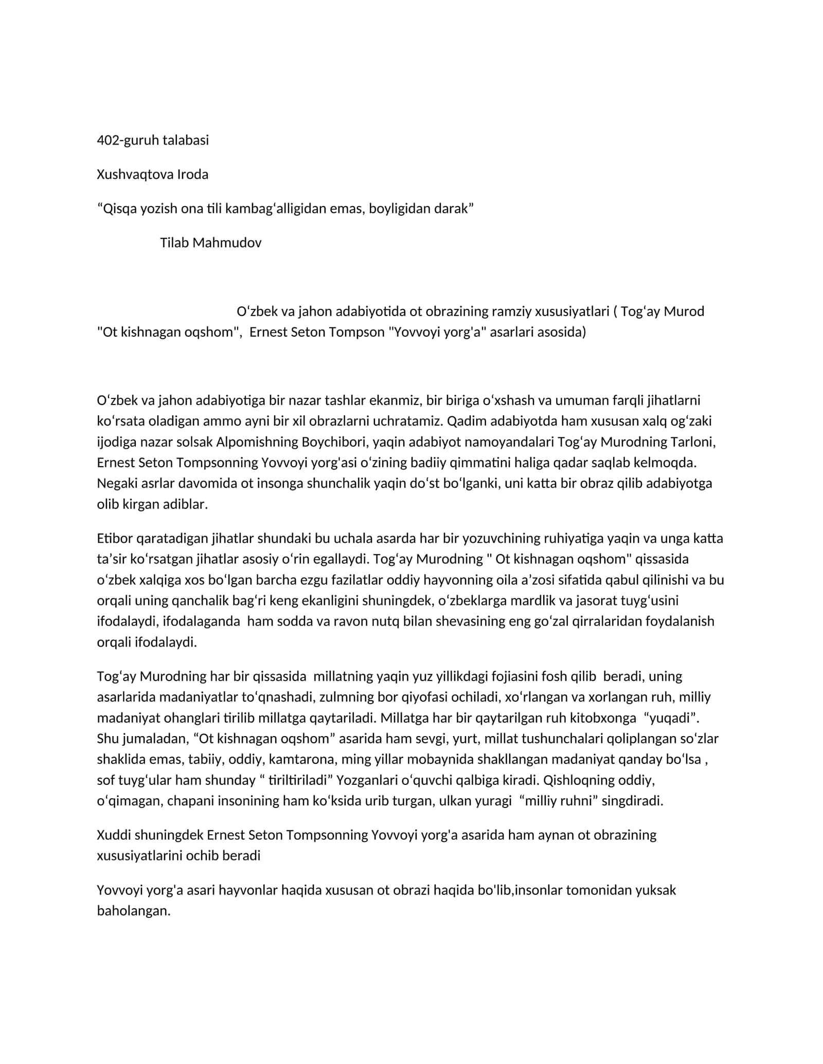 Oʻzbek va jahon adabiyotida ot obrazining ramziy xususiyatlari