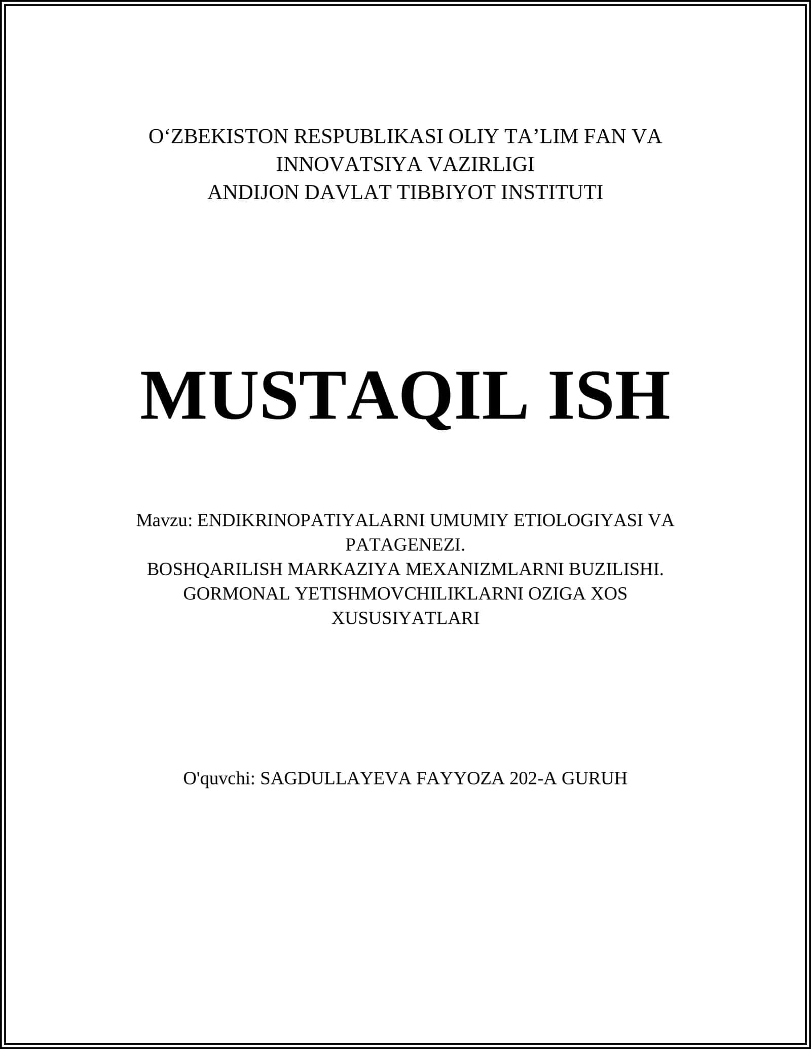 ENDIKRINOPATIYALARNI UMUMIY ETIOLOGIYASI VA PATAGENEZI