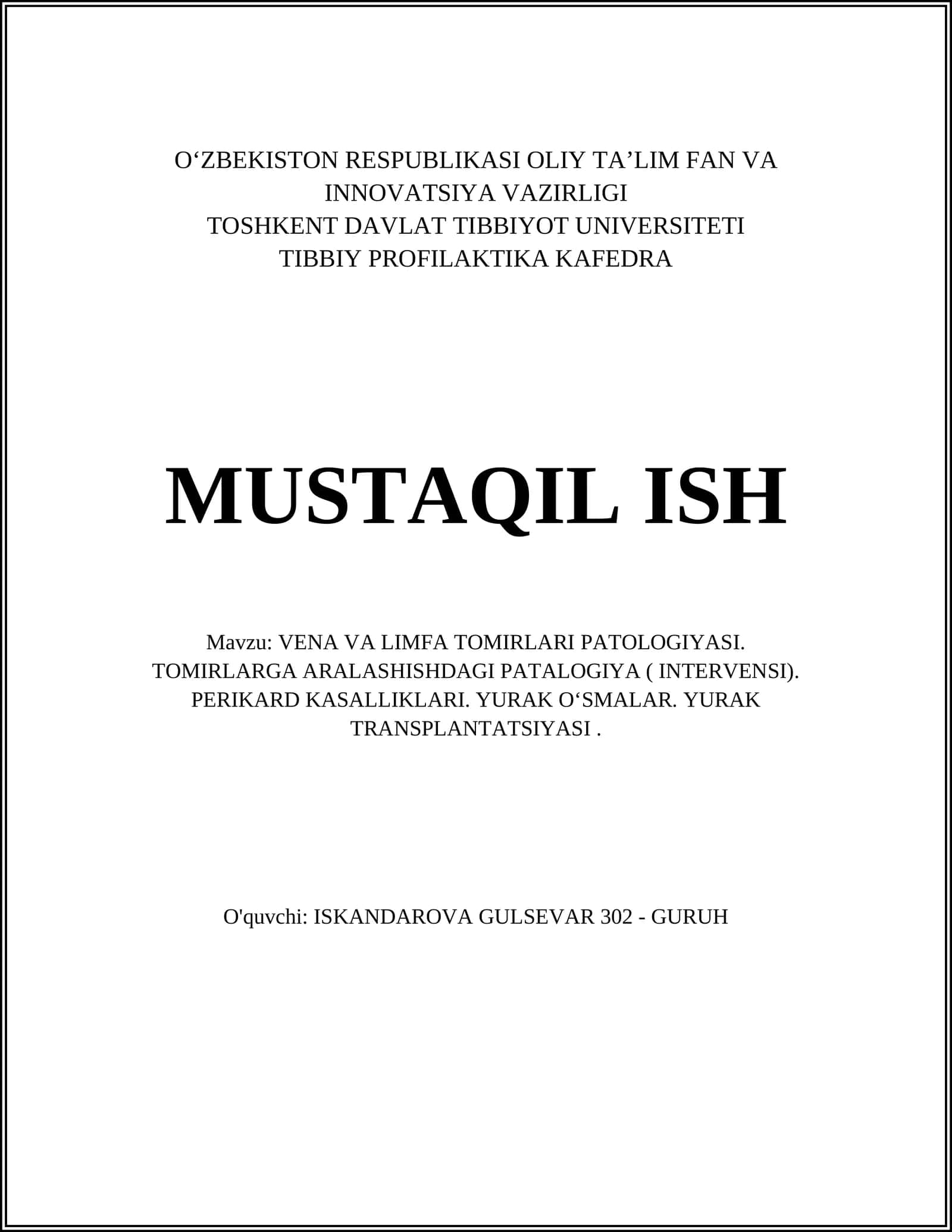 VENA VA LIMFA TOMIRLARI PATOLOGIYASI