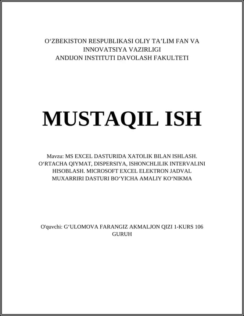 MS EXCEL DASTURIDA XATOLIK BILAN ISHLASH