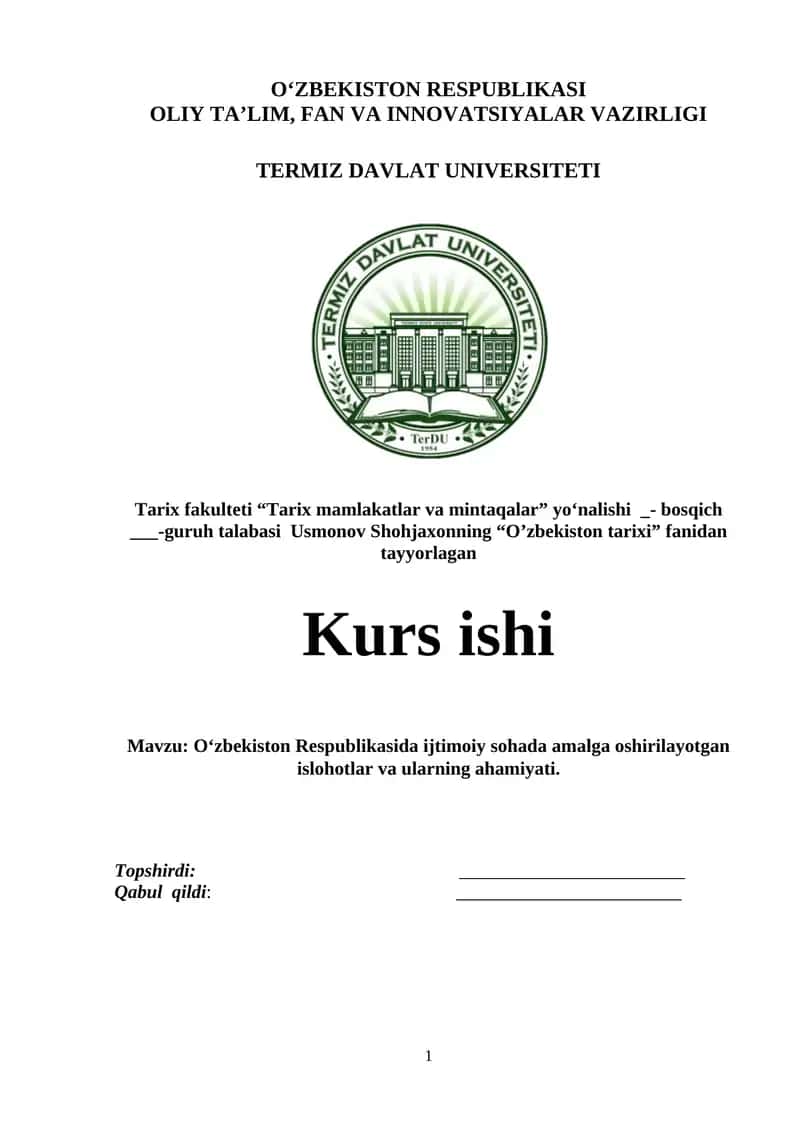 O‘zbekiston Respublikasida ijtimoiy sohada amalga oshirilayotgan islohotlar va ularning ahamiyati.